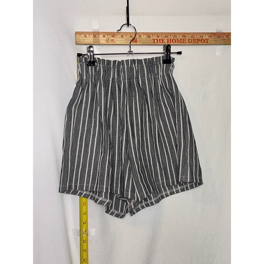 Womens High Waisted‎ Paperbag Striped Shorts Grey White Elastic Waist Casual